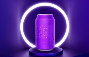 aluminium lila burk på bakgrund mörklila och skimrande neon och transparenta glasringar. 3d rendering foto