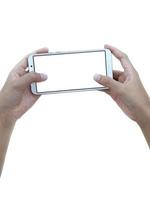 två händer som håller stor skärm smart telefon, urklippsbana foto