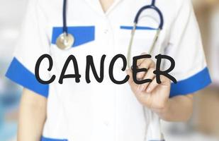 läkare skriver ordet cancer. bild av en hand som håller en markör på en vit bakgrund foto