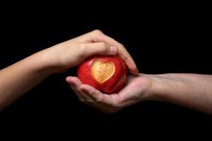 två kvinnliga händer som vaggar ett rött äpple med graverat hjärta foto