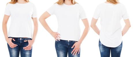 kvinna t-shirt fram och bak vyer isolerade på vit bakgrund - beskuren bild foto