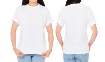 kvinna tshirt set, framtill baksidan vyer t-shirt isolerad på vitt, flicka t-shirt foto
