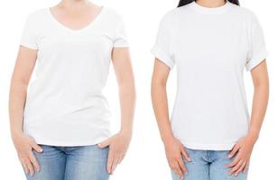 kvinna vit t-shirt mockup, set tom tom t-shirt, flicka i blank t-shirt kopia utrymme, vit t-shirt isolerad på vit bakgrund collage eller set foto