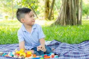 liten pojke leker för idé och inspiration med leksaksblock i gräsplanen, barn lär sig med byggblock för utbildning, barnaktivitet och lek i parken med glada på sommaren. foto