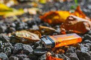en ljust orange tändare ligger på stenarna bland nedfallna löv, kastade ut på vägen av någon foto