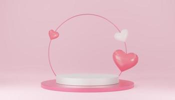 tom vit cylinder podium med rosa cirkel, 3 hjärtan ballonger på båge och kopia utrymme bakgrund. alla hjärtans dag interiör med piedestal. mockup utrymme för visning av produkt. 3d-rendering. foto