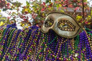 mardi gras pärlor som täcker smidesjärn staket med karneval mask foto