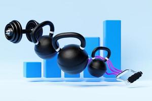 3D-illustration, svarta hantlar, kettlebells och fitnessband mot bakgrunden av en tillväxtgraf på en blå färgstark bakgrund. foto