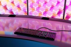 3D-illustration, kraftfull persondatorspelare med tre bildskärmar. mysigt skrivbord för spelare, bildskärm med rgb-tangentbord med blått och neonbakgrundsbelysning. foto