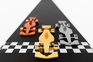 3D-illustration av biltävlingar med guld, silver, brons barnbilar. slåss vid mållinjen av tre racing barn cabriolet bilar i hög hastighet foto