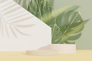 3D-rendering av abstrakt piedestal podium display med terrazzo och monstera blad. produkt- och marknadsföringskoncept för reklam. grön naturlig bakgrund. foto