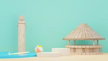 3D-rendering minimal podiumbakgrund för show och försäljningsprodukter. hej sommarsäsong scen designkoncept. abstrakt ledig piedestal för presentation och reklam. strandsemester på sommaren. foto