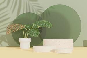 3D-rendering av abstrakt piedestal podium display med terrazzo och skuggan av löv. scen för aktuell produktreklam och skönhetskosmetik. foto