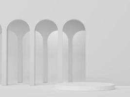 3D-rendering av minimal displaypodiumdesign för mock-up och produktpresentation. piedestal scen med vit marmor färg scen. trendig design för mock up och webbbanner. foto