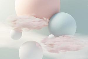 3D-rendering av pastellbollar, såpbubblor, blobbar som svävar i luften med fluffiga moln och hav. romantik land drömscen. naturliga abstrakt drömmande himmel. foto