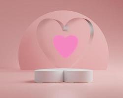 3D-rendering av minimal scen av tomt podium med alla hjärtans dag-tema. displayställ för produktpresentation mock up. cylindersteg i söt härlig rosa färg med enkel design. foto