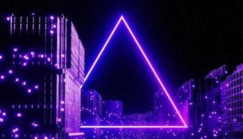 3D-rendering av neon och ljus som glöder på mörk scen. cyber punk natt stad koncept. nattliv. tekniknätverk för 5g. bortom generation och futuristisk scen. sci-fi mönstertema. foto