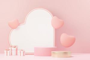 3D-rendering minimal söt scen med display podium för mock up och produktmärkespresentation. rosa piedestalstativ för alla hjärtans dagstema. söt härlig hjärta bakgrund. älskar dagens designstil. foto