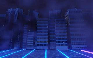3D-rendering av cyberpunk nattstadslandskapskoncept. ljus som lyser på mörk scen. nattliv. tekniknätverk för 5g. bortom generation och futuristisk av sci-fi huvudstad och byggnadsscen. foto