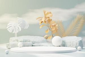 3D-rendering av abstrakt piedestal podium display med tropiska löv och blå himmel moln pastell och växt scen. produkt- och marknadsföringskoncept för reklam. blå pastell naturlig bakgrund. foto