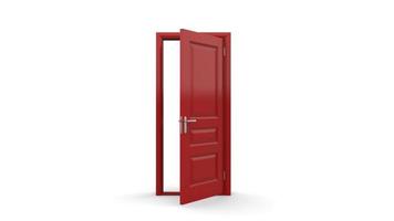 kreativ illustration röd dörr av öppen, stängd dörr, realistisk ingångsdörr isolerad på bakgrunden 3d foto