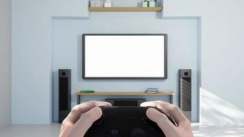 handhåll spelkontroll med TV i rummet 3d render illustration foto