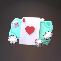 pokermarker, spelkort och pengar. kasinoelement. rendera i 3d. foto