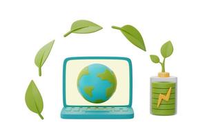 världsglob på smartphoneskärm med batteriladdning och grönt blad, smart energibesparing, glad jorddag, världsmiljödagen, miljövänlig, 3d-rendering. foto