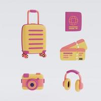 uppsättning av turism och resor koncept med gul resväska och resenärstillbehör, minimal stil, platt lay.3d render. foto