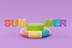 färgglad uppblåsbar ring och display med ballongtext av sommaren på lila bakgrund, sommartidskoncept, 3D-rendering. foto