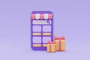 online shoppingbutik på smartphone med presentförpackningar på lila bakgrund, 3d-rendering. foto