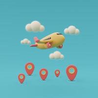 gult flygplan med platsnål, online-resor och turismplaneringskoncept, semester, redo för resa.3d-rendering. foto