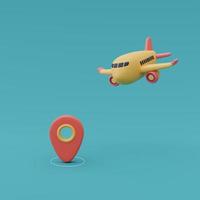 gult flygplan med platsnål, online-resor och turismplaneringskoncept, semester, redo för resa.3d-rendering. foto