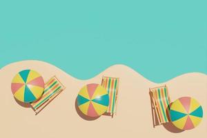 sommartidskoncept med solstol, paraply och färgglada sommarstrandelement, 3d-rendering. foto