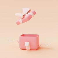 3D-rendering av öppen rosa presentförpackning med band isolerade på pastellbakgrund, alla hjärtans dag försäljningskoncept, minimal stil. foto