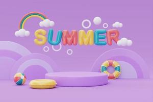 sommardisplay med färgglada sommarstrandelement på lila bakgrund, 3D-rendering. foto