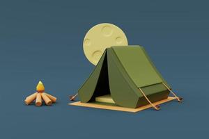 natt camping koncept med tält och brinnande brasa under månen på campingplats, semester holiday.minimal style.3d rendering. foto