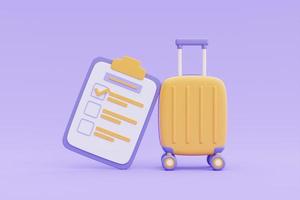 turism och reseplan till resa koncept med gul resväska och checklista, tid att resa koncept, semestersemester, 3d-rendering foto
