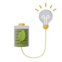 alternativ källa till elkoncept med grönt batteri och glödlampa, miljövänlig, ren energi, 3d-rendering. foto