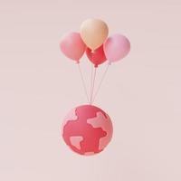 3D-rendering av rosa jordklot med ballonger flyter isolerad på pastell bakgrund, alla hjärtans dag försäljning koncept, minimal stil. foto
