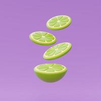 citronskiva flytande isolat på lila bakgrund, sommarfrukter, 3D-rendering. foto