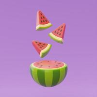 skiva vattenmelon flytande isolat på lila bakgrund, sommarfrukter, 3D-rendering. foto