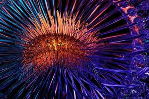 3D-rendering abstrakt metall rund fraktal, portal med spikar under neonljus. rund spiral på mörk isolerad bakgrund foto