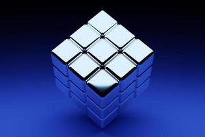 3D-illustration klassiskt stilleben med en geometrisk volymetrisk figur av en kub med en skugga under blå neonfärg foto