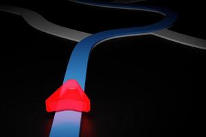3D-illustration av en riktningsbana ikon med navigering neon markörer, destination bland staden foto