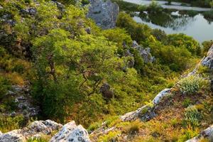 bergssjö med grå stenar, ovanifrån. landskap. foto