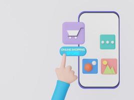 3D-rendering hand som pekar på online shoppingapplikation från smartphone. minimal digital butik för butiksprodukt. teknik gränssnitt koncept. foto