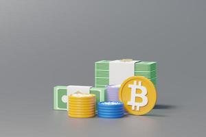 3D-rendering stack av kryptovaluta bitcoin, pengar och annan kryptovaluta. cryptocurrency digital valuta koncept. nytt virtuellt pengabyte i blockchain. foto