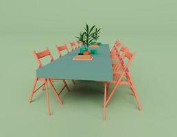 3D-rendering av stol och matbordsskiva av bordsblommavas isolerad på pastellbakgrund, minimal scen i 3d-bakgrund foto
