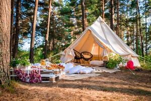 picknick i naturen, bord, mattor, wigwam, tält, kuddar i parken. foto